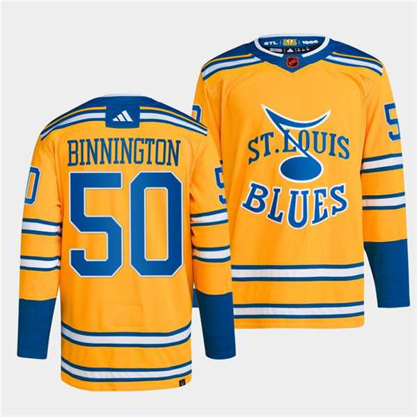 Mens St. Louis Blues #50 Jordan Binnington Yellow 2022-23 Reverse Retro Stitched Jersey Dzhi->st.louis blues->NHL Jersey